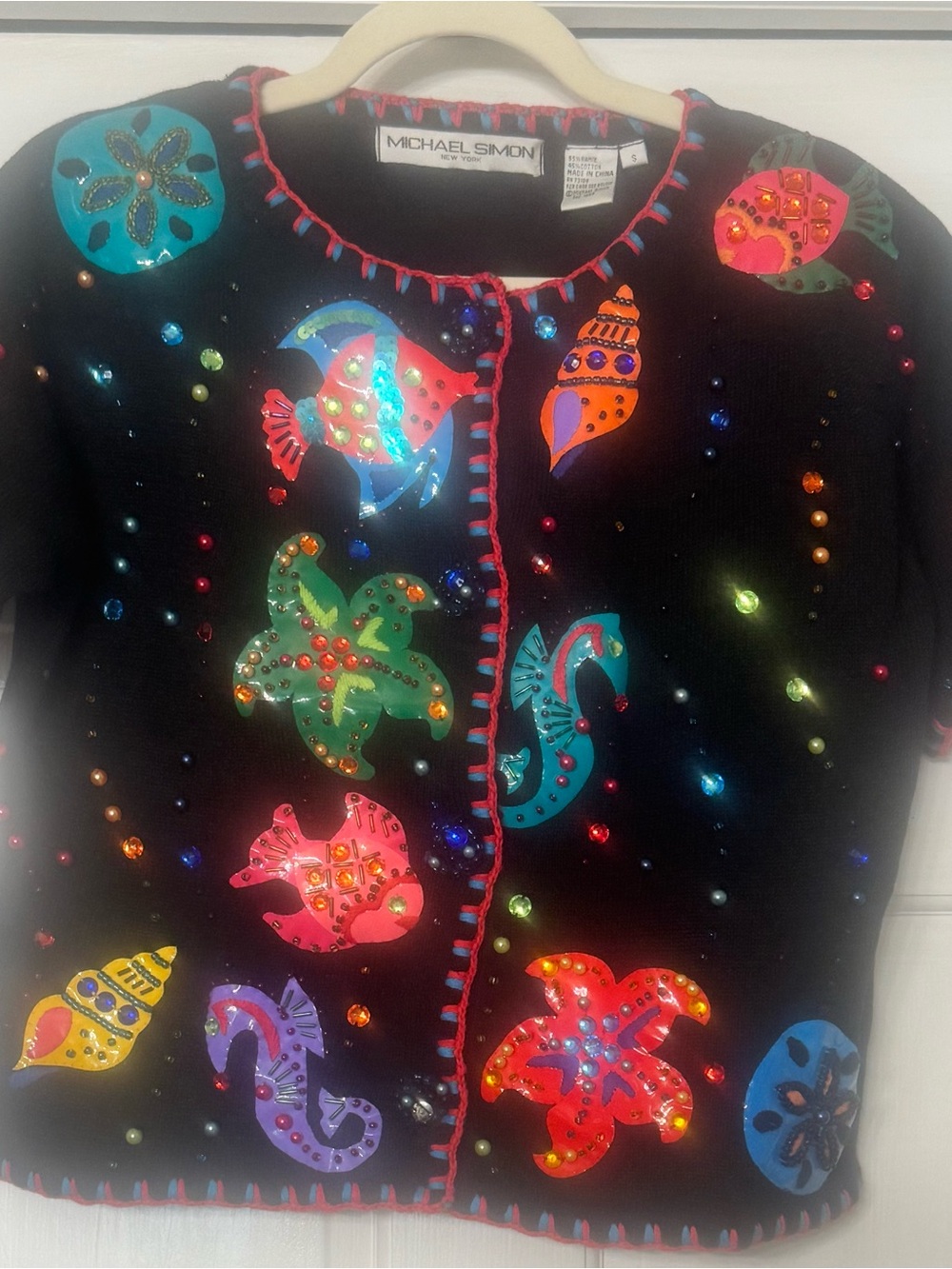 Michael Simon Black Cardigan with Bright Sequin Nautical Appliques